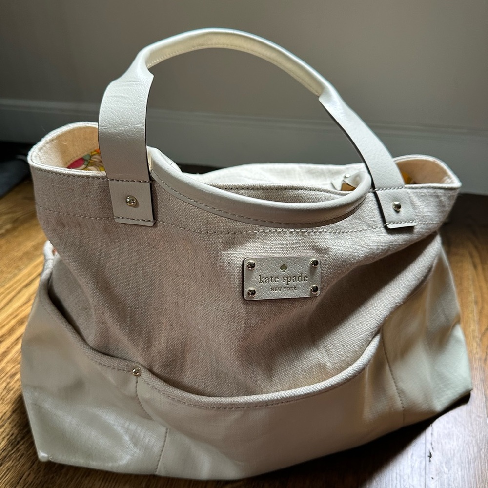 Kate Spade Cream Canvas/Leather Diaper Bag Tote w/ Floral Lining